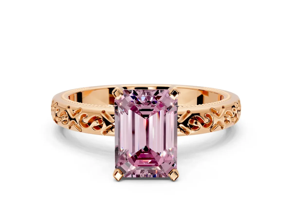 Solitaire Engagement Ring Setting for Fancy Pink Emerald Cut Center with Scrollwork Band and Prong Head in Rose Gold