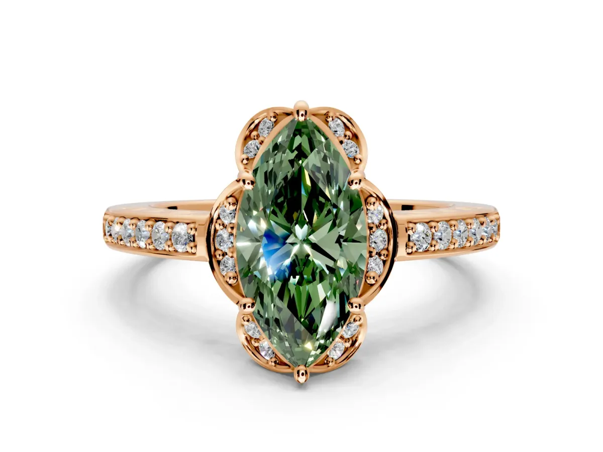 Floral Engagement Ring Setting for Fancy Green Marquise Center with Four Accent Clusters and Prong Head in Rose Gold