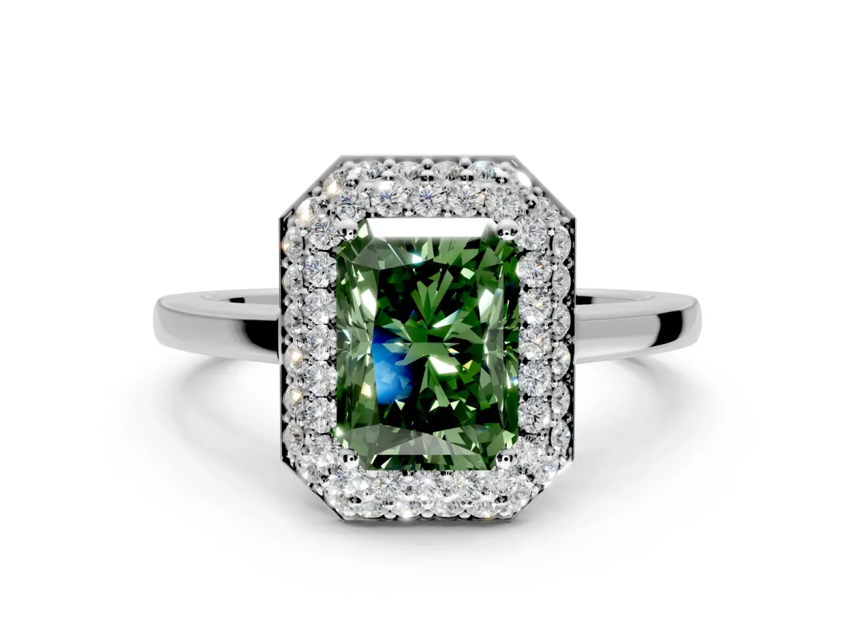 Halo Engagement Ring Setting for Fancy Green Radiant Cut Center with Plain Tapered Band and Prong Head in White Gold