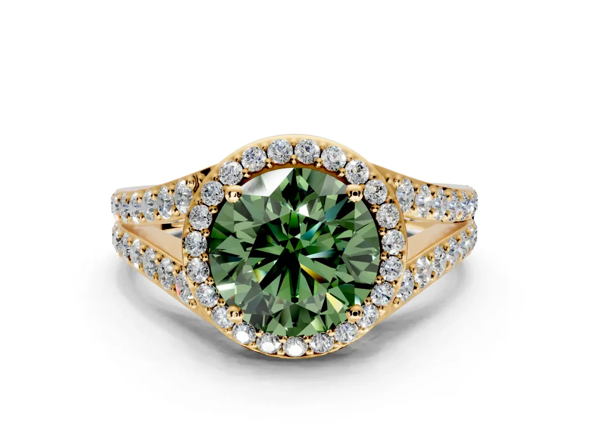 Halo Engagement Ring Setting for Fancy Green Round Cut Center with Narrow Pave Split Shank and Prong Head in Yellow Gold