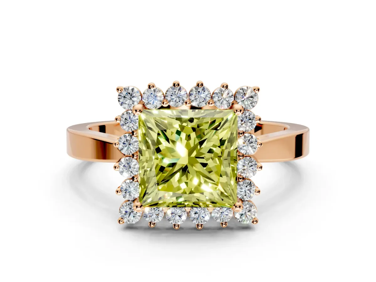 Starburst Halo Engagement Ring Setting for Fancy Yellow Princess Cut Center with Flat Cathedral Band and Prong Head in Rose Gold