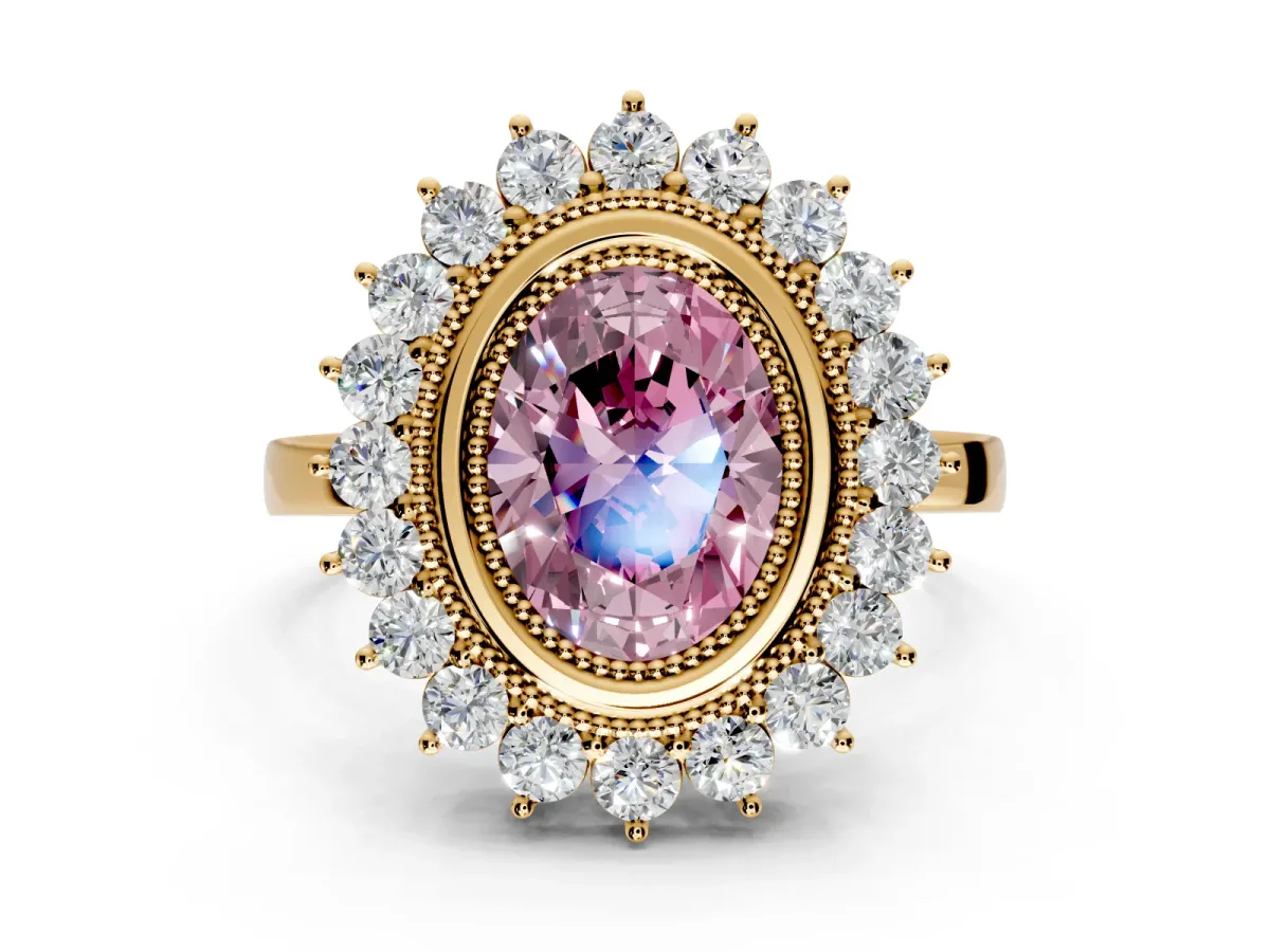 Halo Engagement Ring Setting for Fancy Pink Oval Center with Milgrain Bezel Rim, Plain Band and Prong Head in Yellow Gold