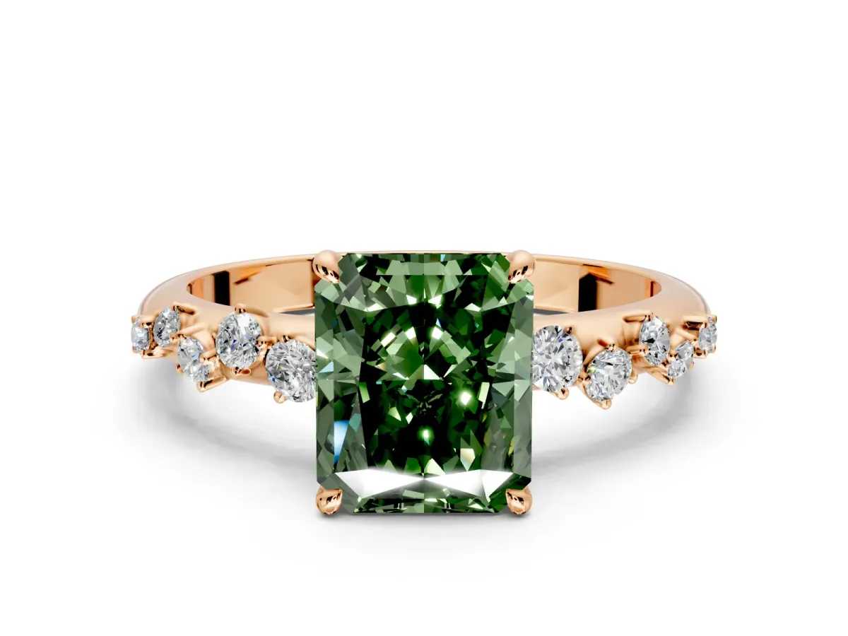 Cluster Engagement Ring Setting for Fancy Green Radiant Cut Center with Round Cut Accent Band and Prong Head in Rose Gold