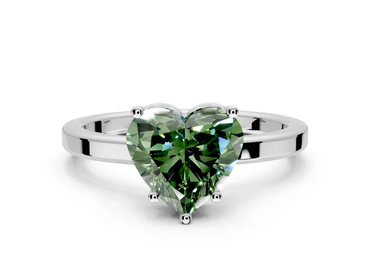 Hidden Halo Engagement Ring Setting for Fancy Green Heart-Shaped Center with Wide Flat Plain Band and Prong Head in Platinum