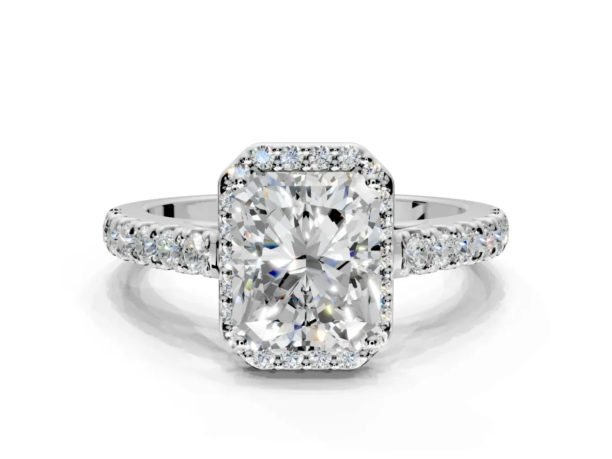 Halo Engagement Ring Setting for Radiant Cut Center with Full Pave Band and Prong Head in Sterling Silver