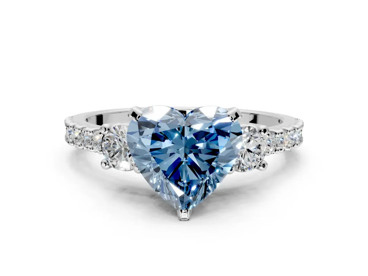 3 Stone Engagement Ring Setting for Fancy Blue Heart-Shaped Center with Round Cut Side Accents and Prong Head in White Gold