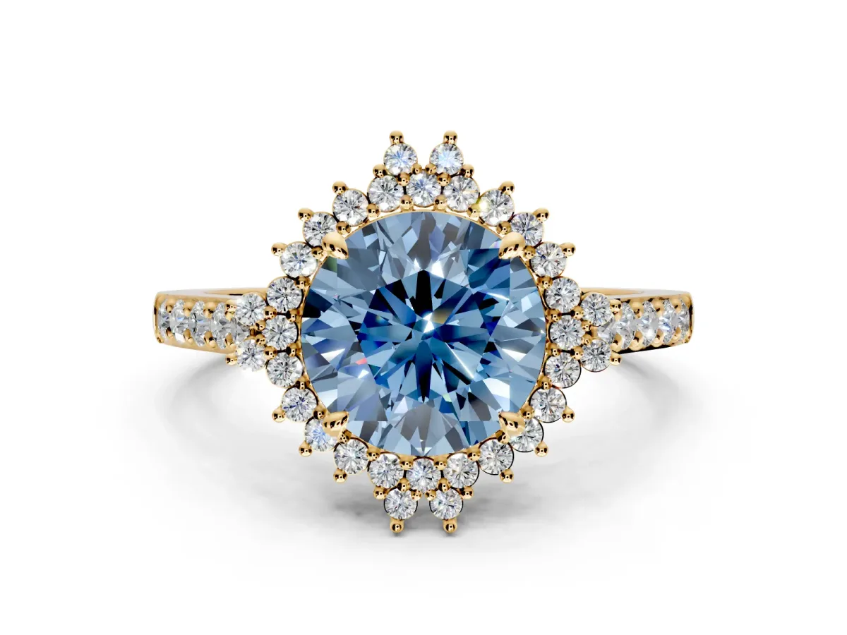 Sunburst Halo Engagement Ring Setting for Fancy Blue Round Cut Center with Pave Band and Prong Head in Yellow Gold