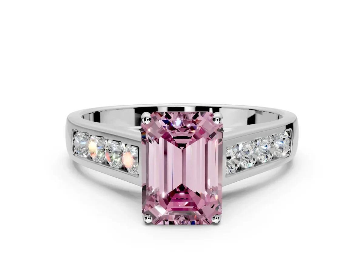 Solitaire Engagement Ring Setting for Fancy Pink Emerald Cut Center with Cathedral Channel Band and Prong Head in Platinum