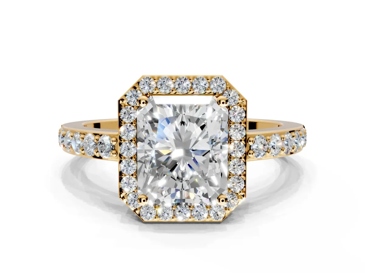 Halo Engagement Ring Setting for Radiant Cut Center with Heart-Shaped Openwork, Pave Band and Prong Head in Yellow Gold