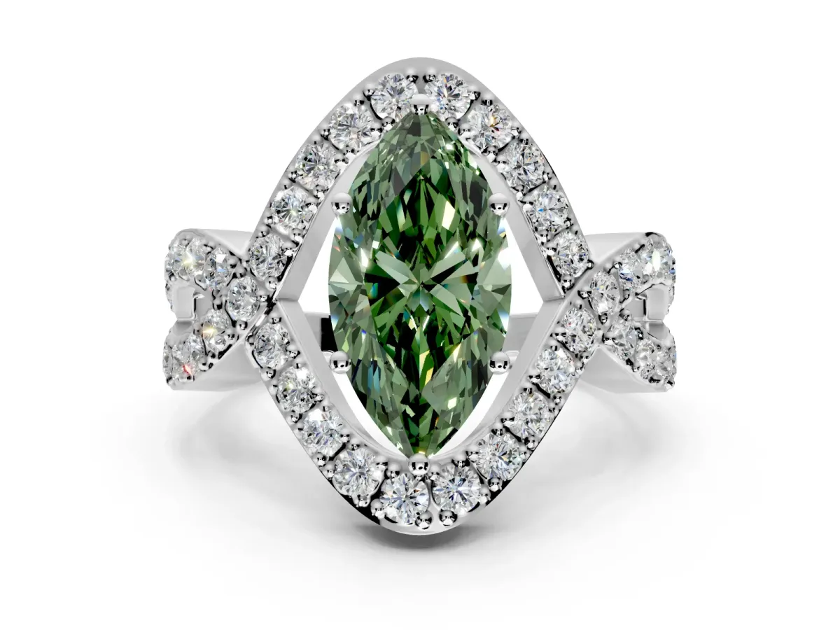 Halo Engagement Ring Setting for Fancy Green Marquise Center with Pave Infinity Twist Band and Prong Head in Sterling Silver