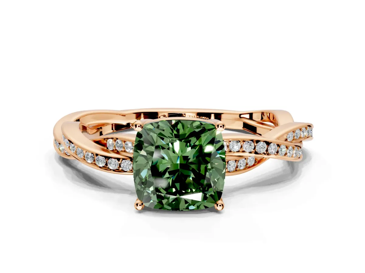 Solitaire Engagement Ring Setting for Fancy Green Cushion Cut Center with Twisted Pave Band and Prong Head in Rose Gold