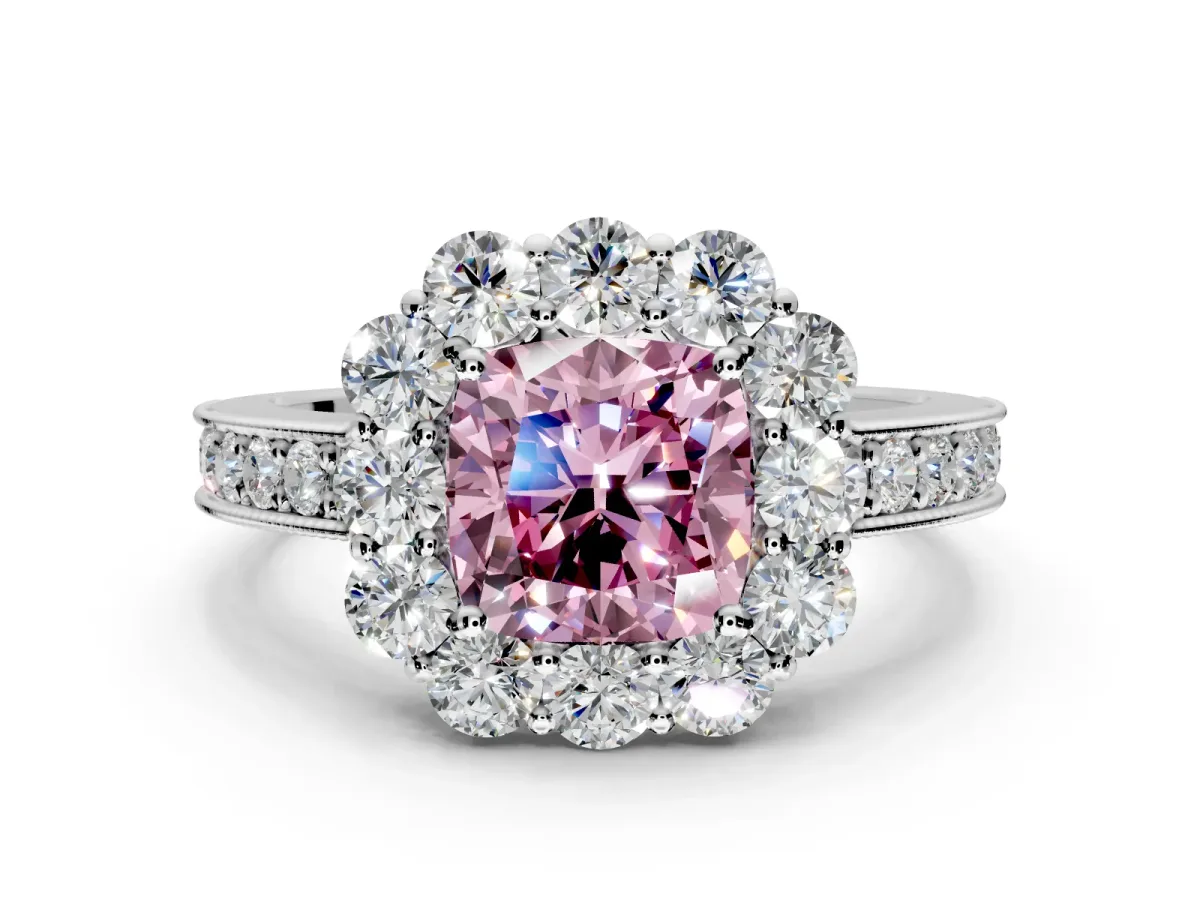 Halo Engagement Ring Setting for Fancy Pink Cushion Cut Center with Milgrain Channel Band and Prong Head in Sterling Silver