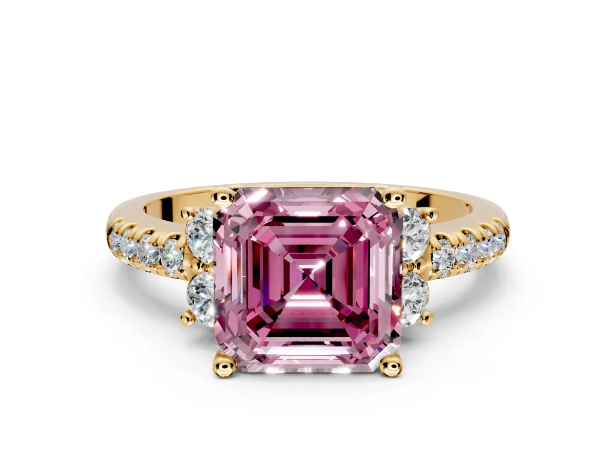 Paired Accent Engagement Ring Setting for Fancy Pink Asscher Cut Center with Pave Band and Prong Head in Yellow Gold