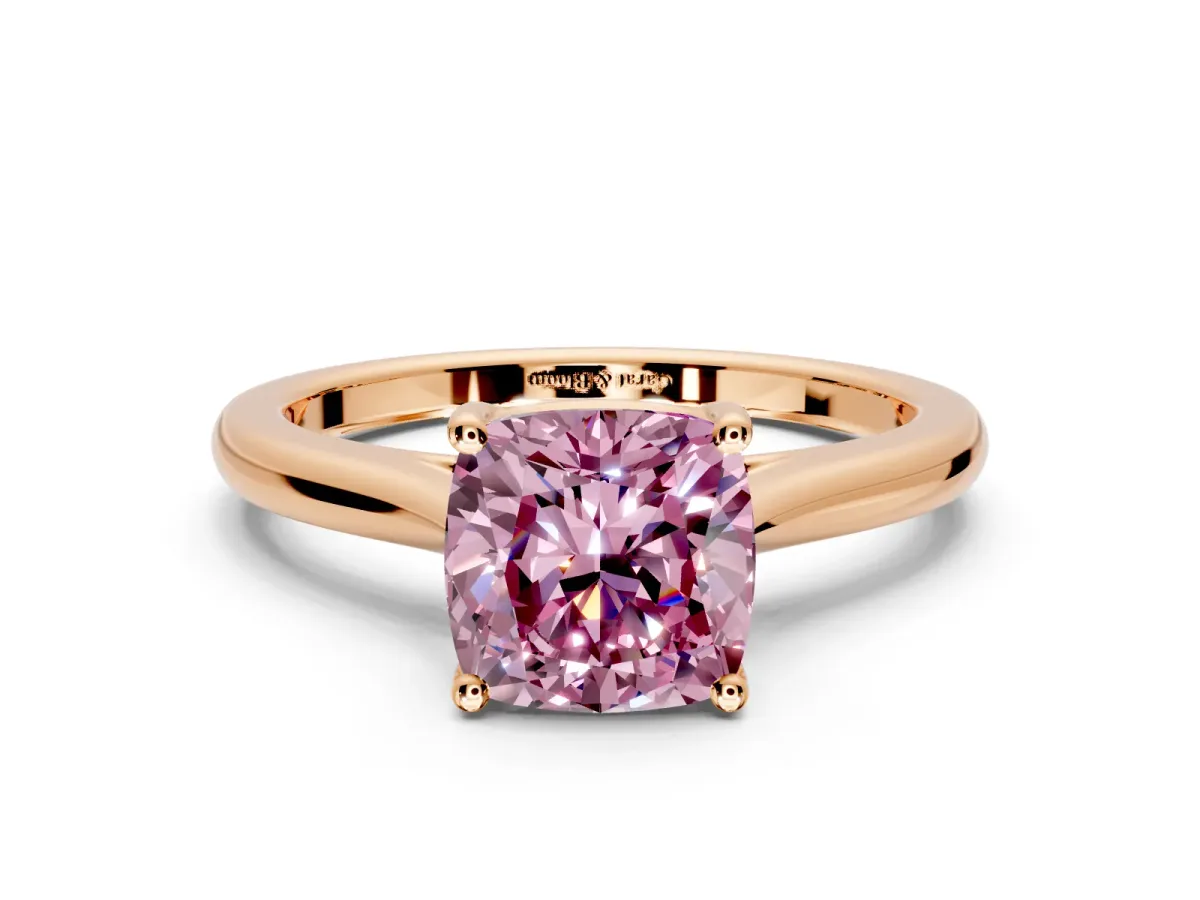 Solitaire Engagement Ring Setting for Fancy Pink Cushion Cut Center with Narrow Cathedral Band and Prong Head in Rose Gold