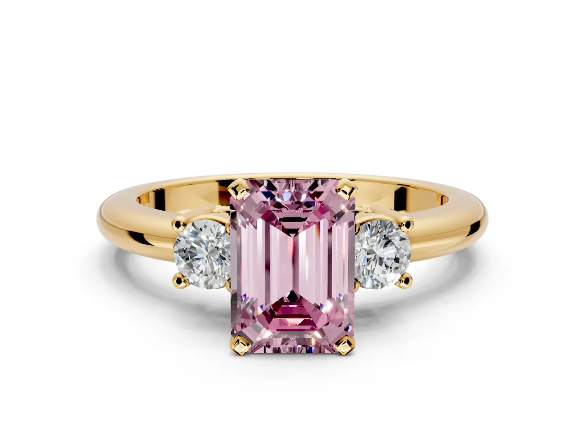 3 Stone Engagement Ring Setting for Fancy Pink Emerald Cut Center with Wide Plain Band and Prong Head in Yellow Gold