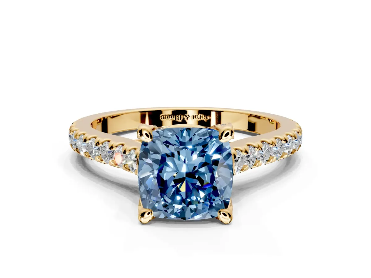 Solitaire Engagement Ring Setting for Fancy Blue Cushion Cut Center with Widening Pave Band and Claw Prong Head in Yellow Gold