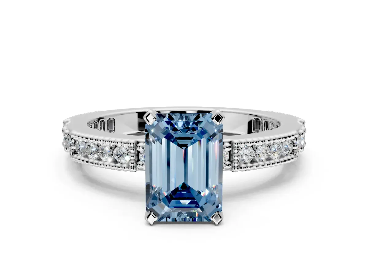 Solitaire Engagement Ring Setting for Fancy Blue Emerald Cut Center with Milgrain-Edged Pave Band and Prong Head in Sterling Silver