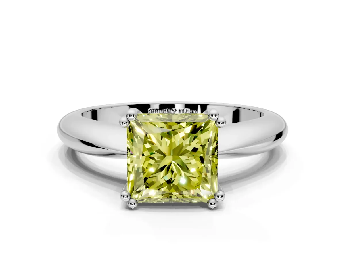 Solitaire Engagement Ring Setting for Fancy Yellow Princess Cut Center with Reverse Tapered Band and Prong Head in Sterling Silver