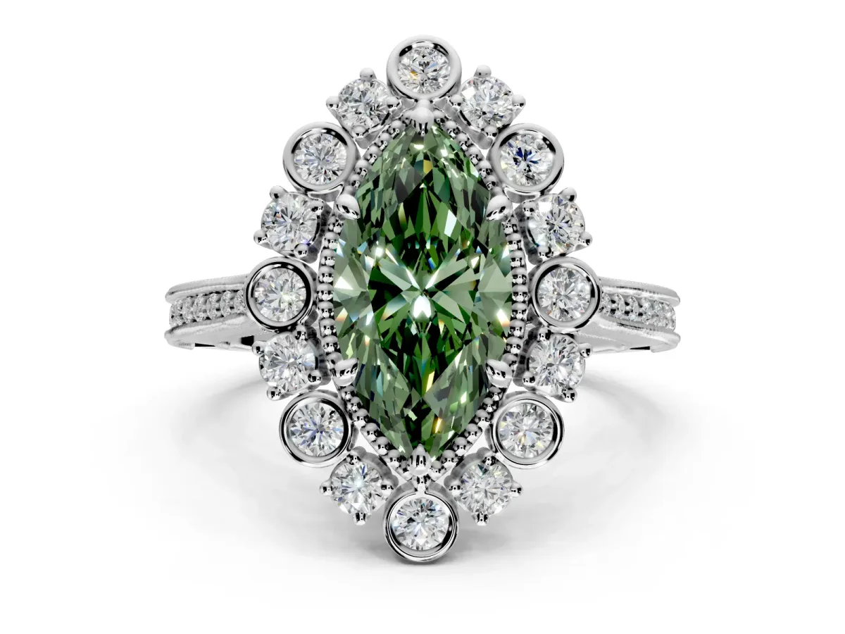 Milgrain Halo Engagement Ring Setting for Fancy Green Marquise Center with Bezel Point Accents and Prong Head in Platinum