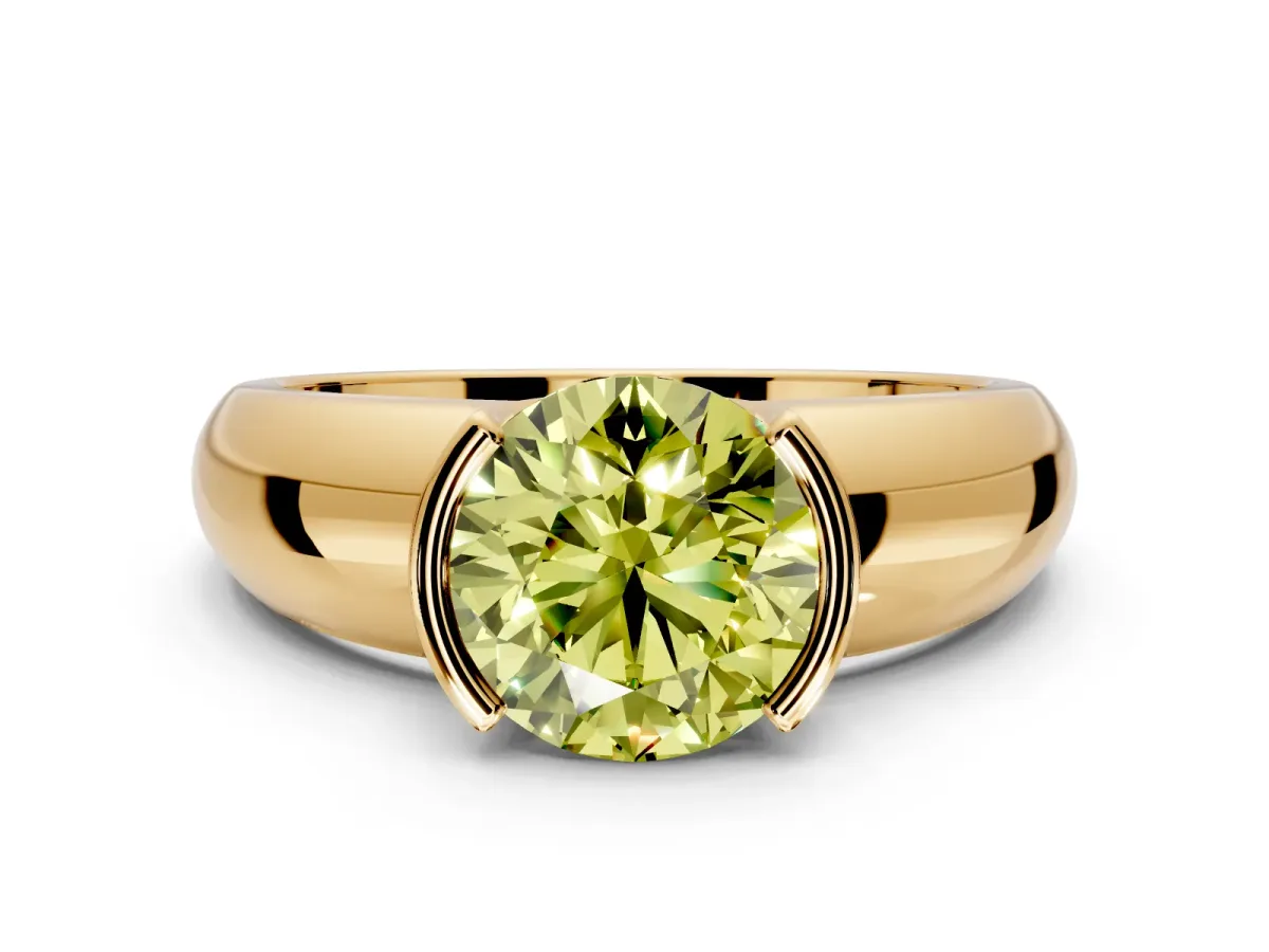 Tension Engagement Ring Setting for Fancy Yellow Round Cut Center with Wide Flat Band and Tension Head in Yellow Gold