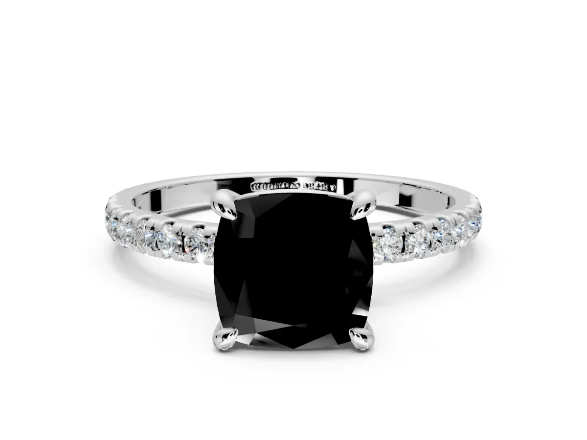 Solitaire Engagement Ring Setting for Fancy Black Cushion Cut Center with Fine Pave Narrow Band and Prong Head in White Gold