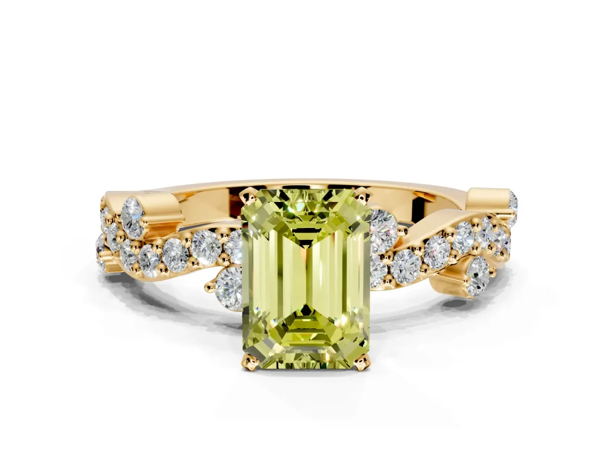 Solitaire Engagement Ring Setting for Fancy Yellow Emerald Cut Center with Bar-Station Pave Twist and Prong Head in Yellow Gold