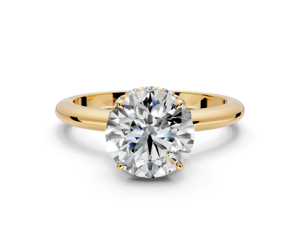 Hidden Halo Engagement Ring Setting for Round Cut Center with Plain Rounded Band and Prong Head in Yellow Gold