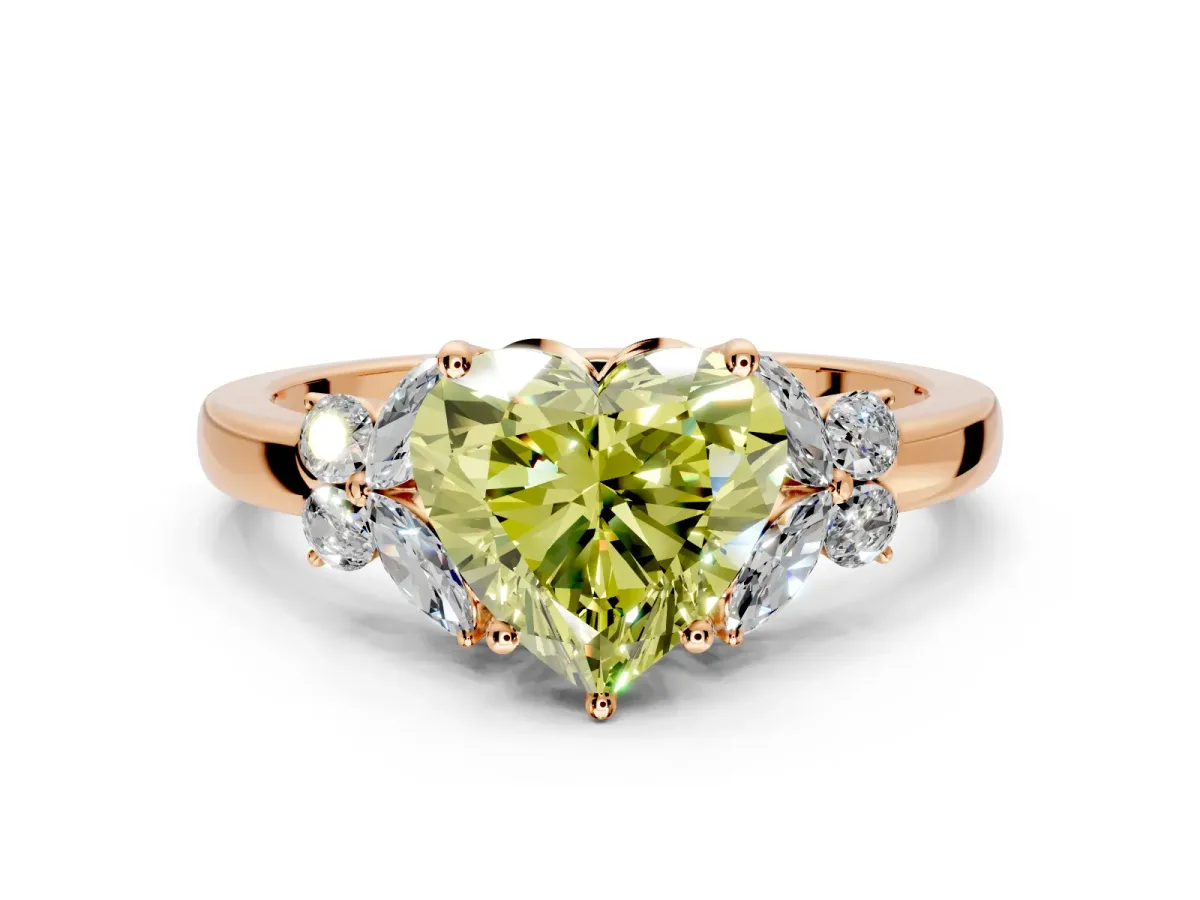 Solitaire Engagement Ring Setting for Fancy Yellow Heart-Shaped Center with Marquise Flower Shoulders and Prong Head in Rose Gold