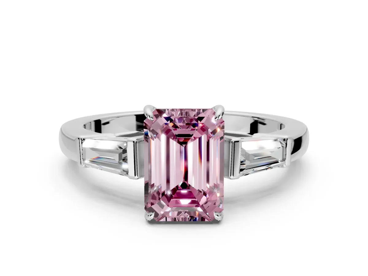 3 Stone Engagement Ring Setting for Fancy Pink Emerald Cut Center with Baguette Accents and Prong Head in Platinum