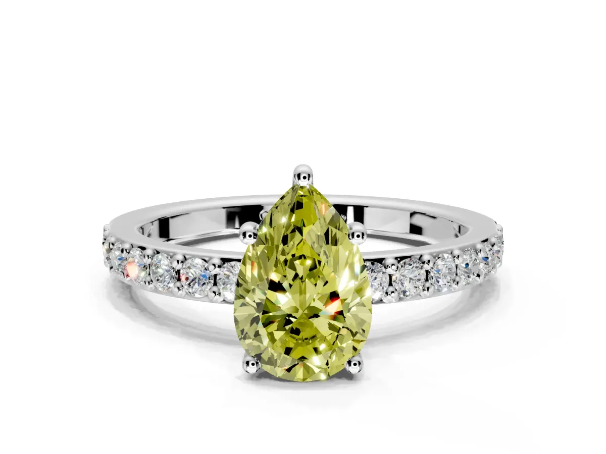 Solitaire Engagement Ring Setting for Fancy Yellow Pear-Shaped Center with Round Cut Pave Band and Prong Head in Platinum