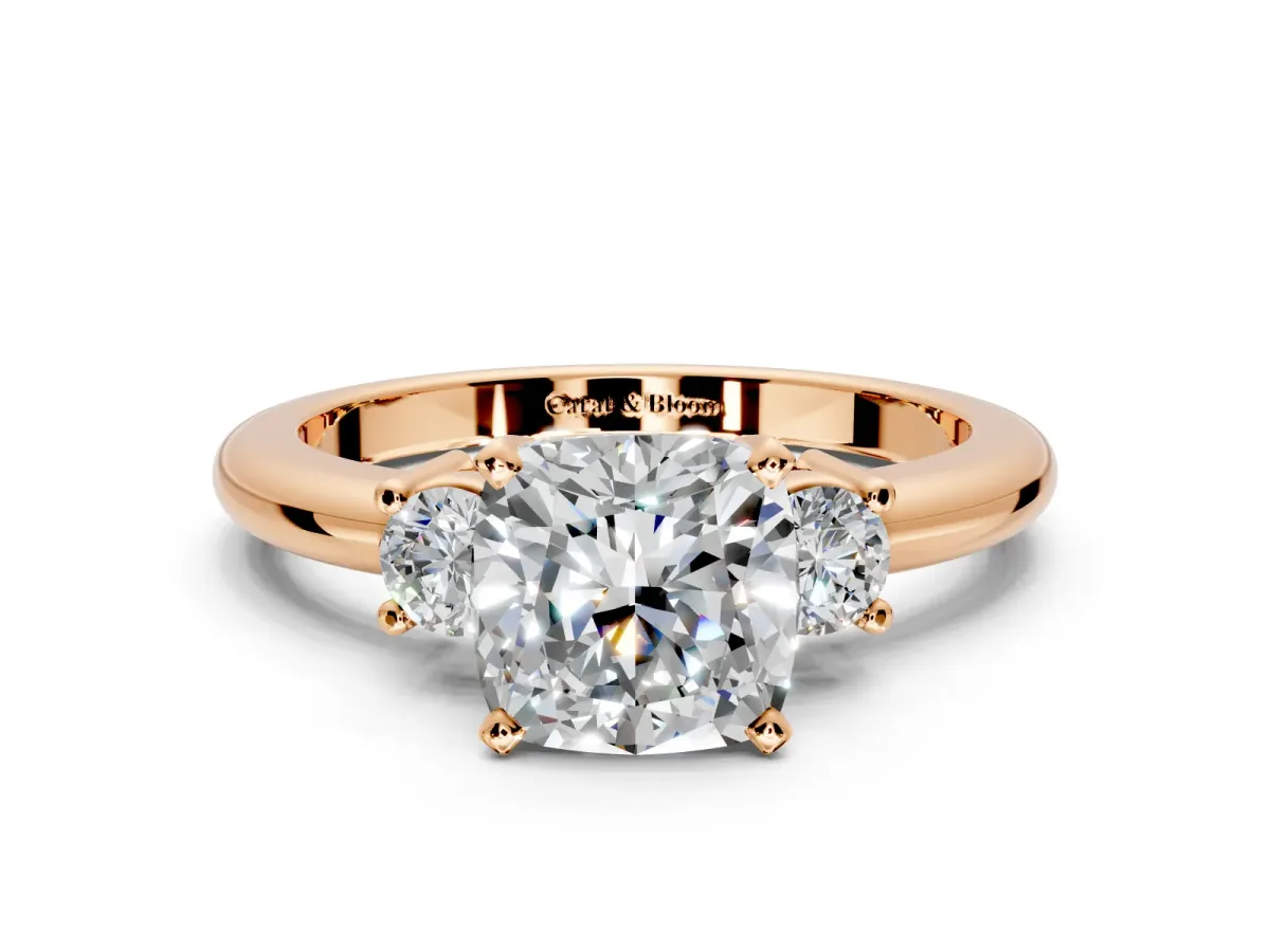 3 Stone Engagement Ring Setting for Cushion Cut Center with Wide Plain Band and Prong Head in Rose Gold