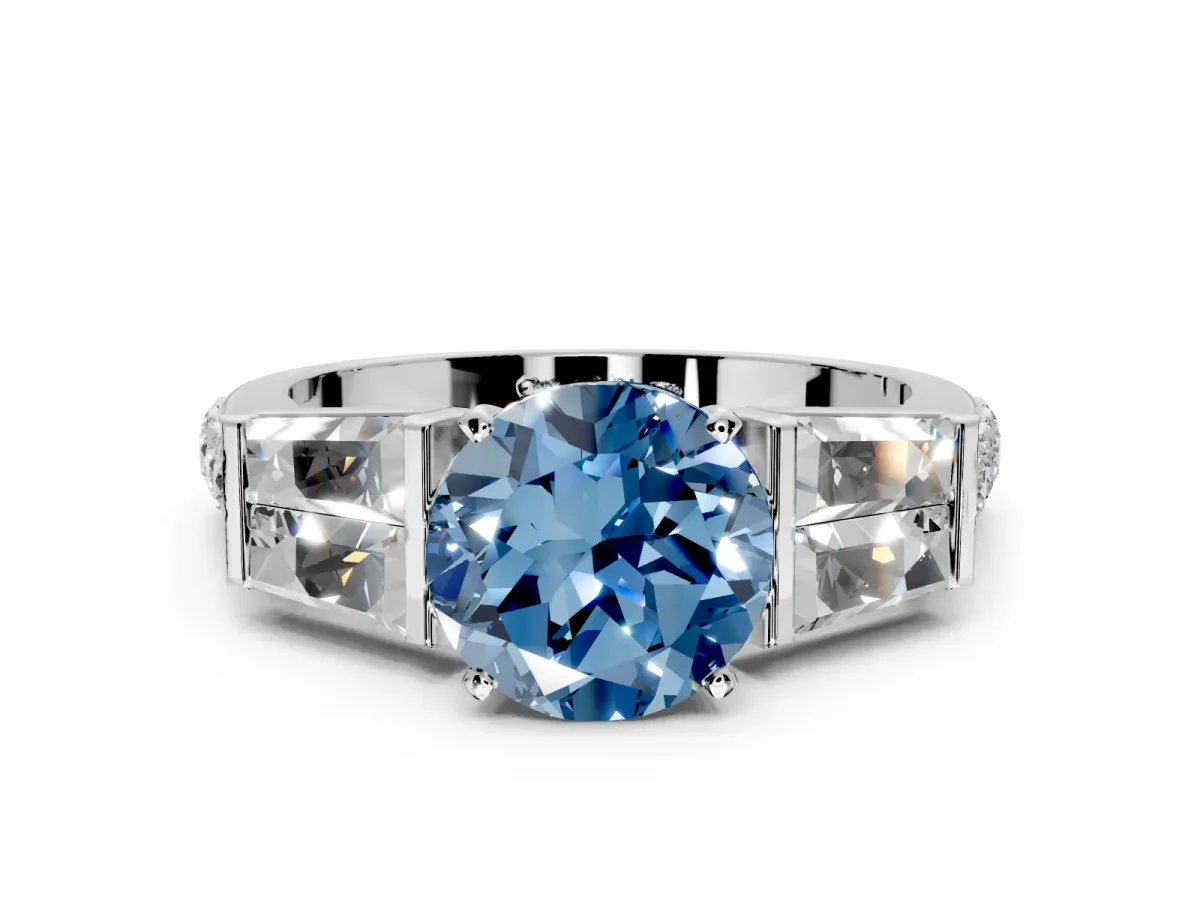 Channel-Set Engagement Ring Setting for Fancy Blue Round Cut Center with Baguette Band and Prong Head in Platinum