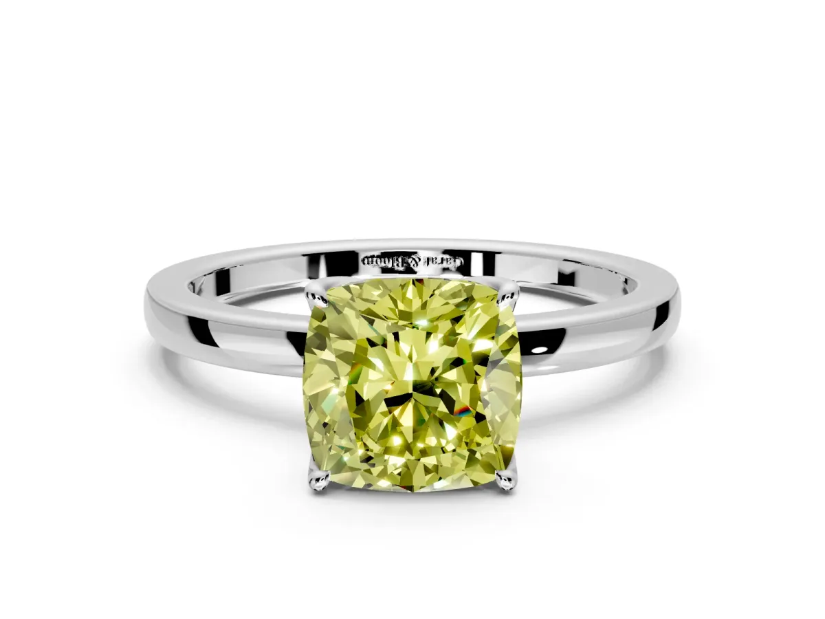 Solitaire Engagement Ring Setting for Fancy Yellow Cushion Cut Center with Thin Rounded Plain Band and Prong Head in White Gold