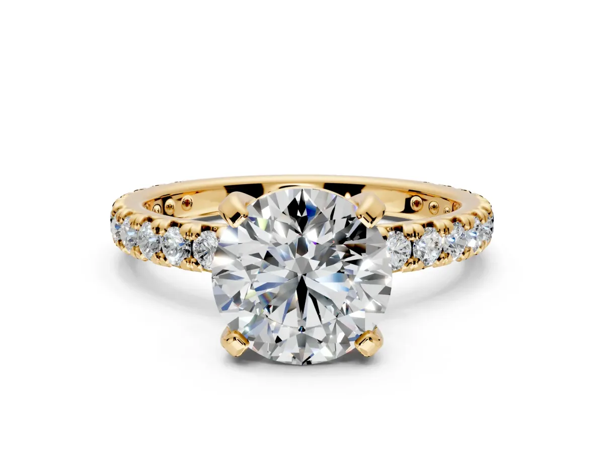 Solitaire Engagement Ring Setting for Round Cut Center with Shared-Prong Accents and Prong Head in Yellow Gold