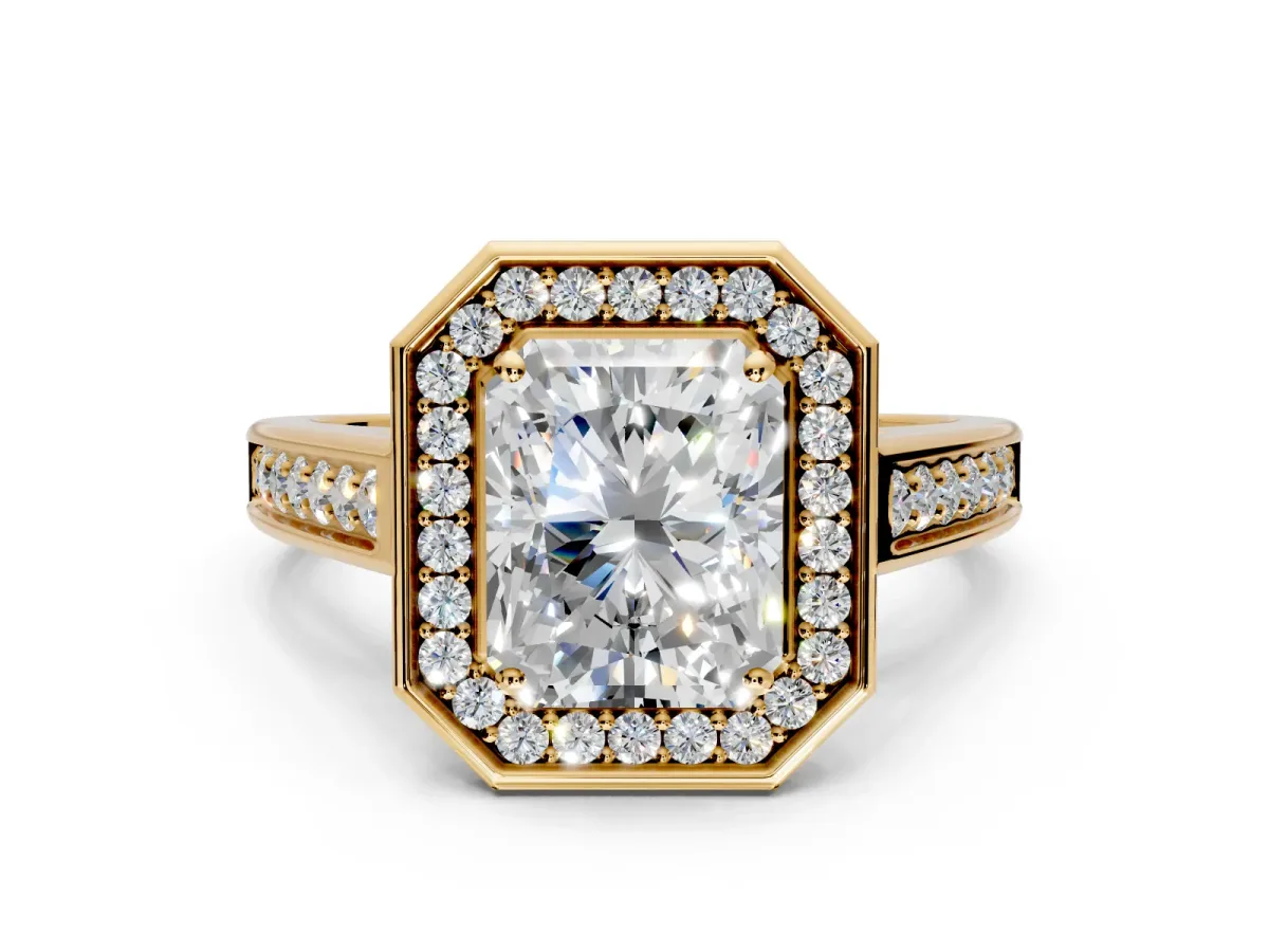 Halo Engagement Ring Setting for Radiant Cut Center with Outer Bezel Rim, Pave Band and Prong Head in Yellow Gold