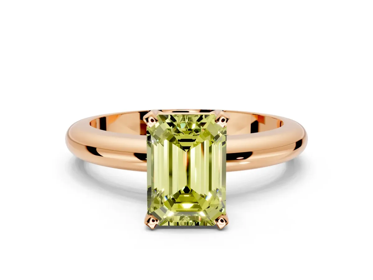 Solitaire Engagement Ring Setting for Fancy Yellow Emerald Cut Center with Wire Band and Prong Head in Rose Gold