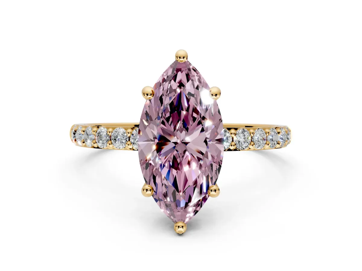 Solitaire Engagement Ring Setting for Fancy Pink Marquise Center with Pave Accents and Prong Head in Yellow Gold