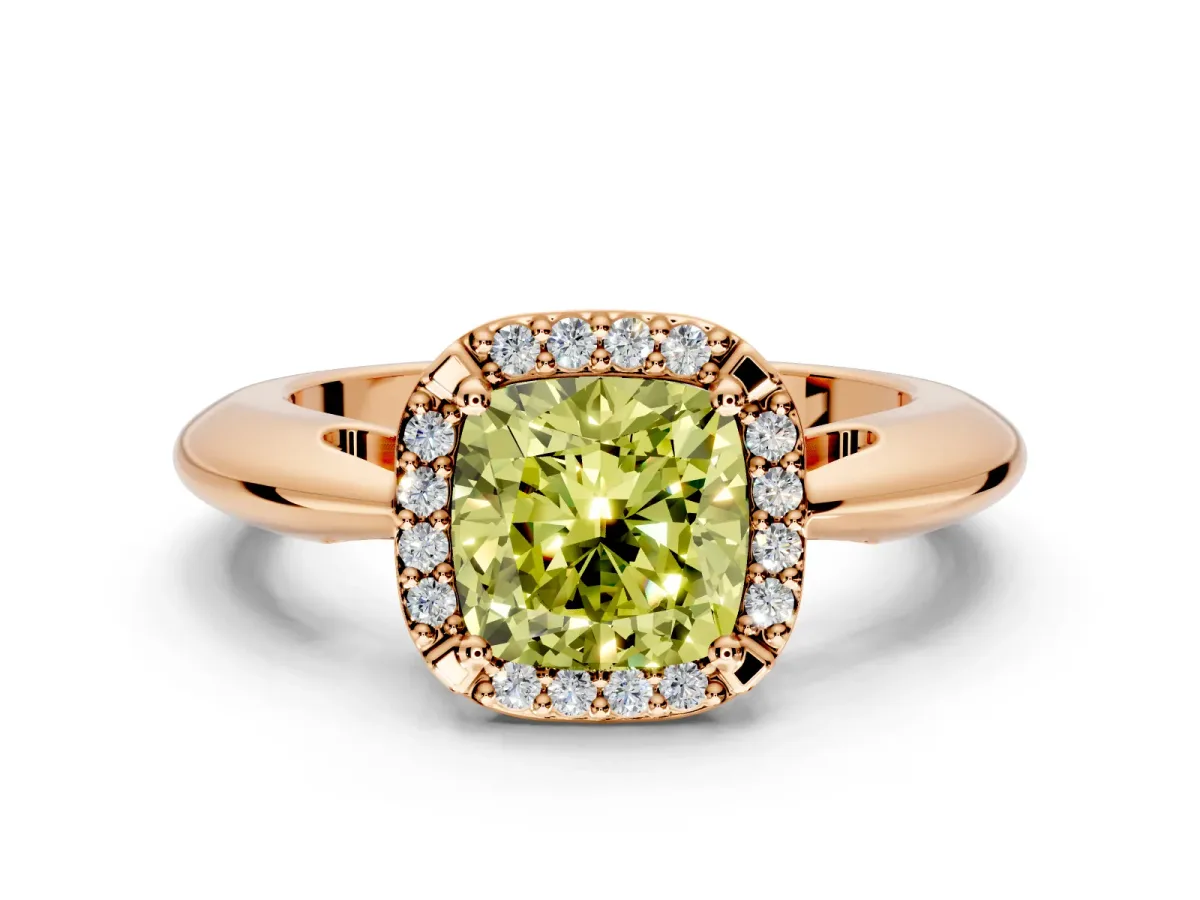 Halo Engagement Ring Setting for Fancy Yellow Cushion Cut Center with Tapered Plain Band and Prong Head in Rose Gold