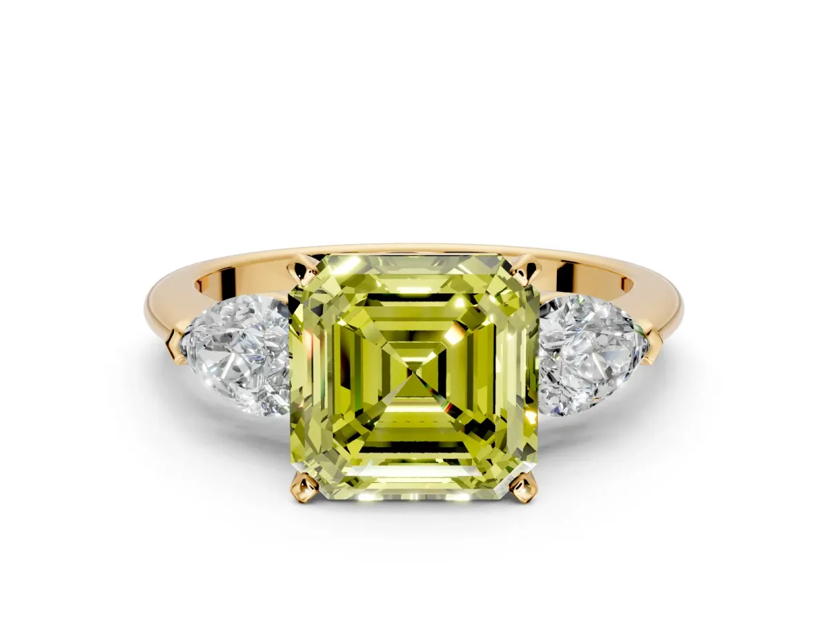 3 Stone Engagement Ring Setting for Fancy Yellow Asscher Cut Center with Large Pear-Shaped Accents and Prong Head in Yellow Gold