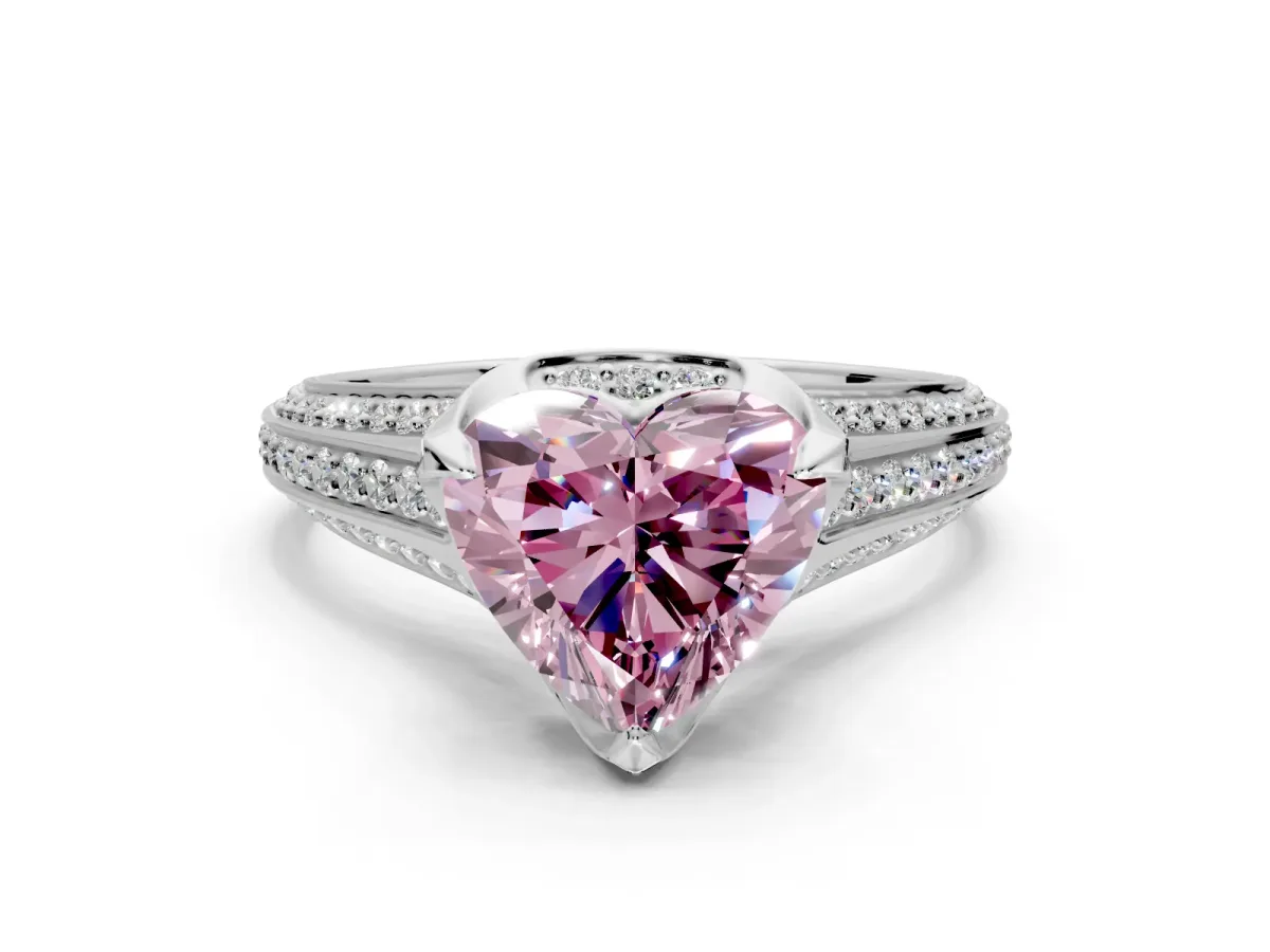 Solitaire Engagement Ring Setting for Fancy Pink Heart-Shaped Center with Accented Split Shank and Prong Head in White Gold