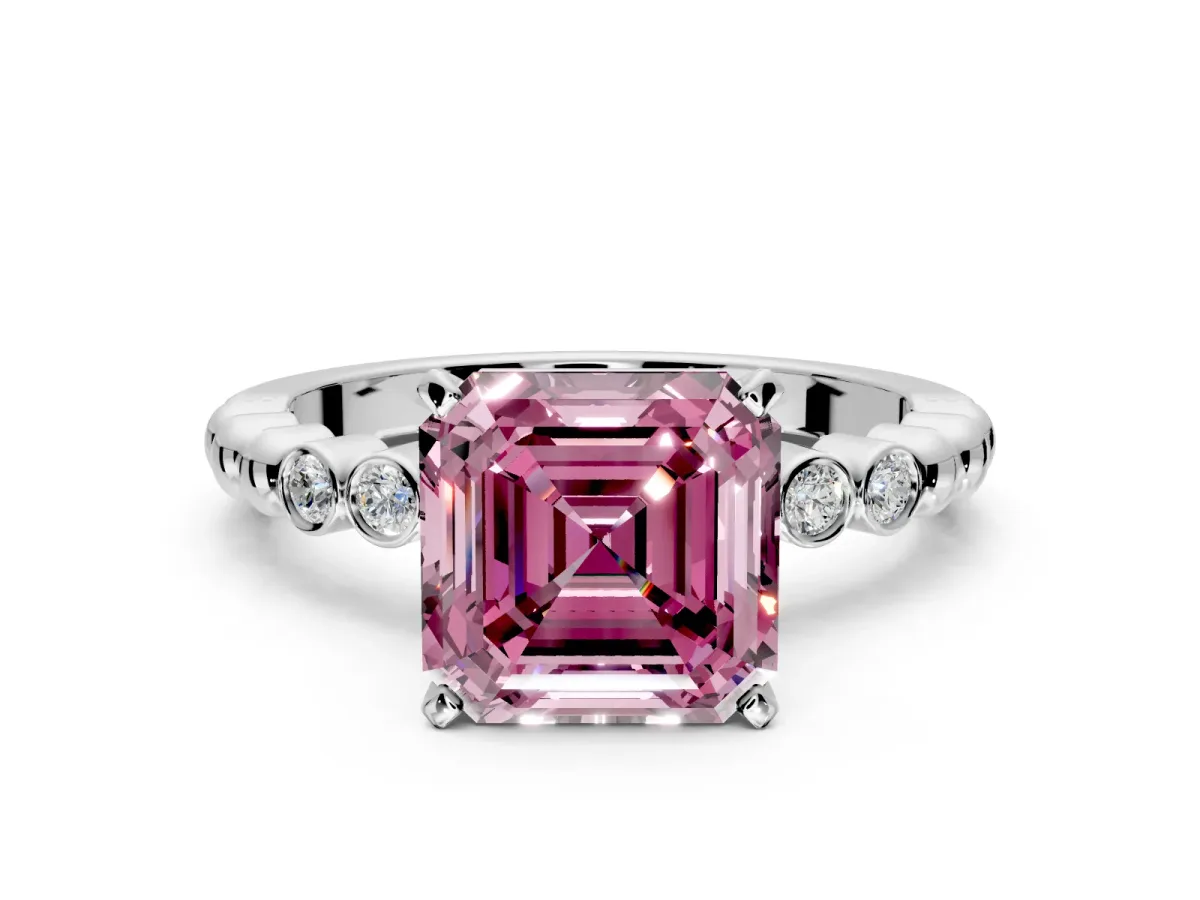 Solitaire Engagement Ring Setting for Fancy Pink Asscher Cut Center with Bezel-Dot Beaded Band and Prong Head in Sterling Silver
