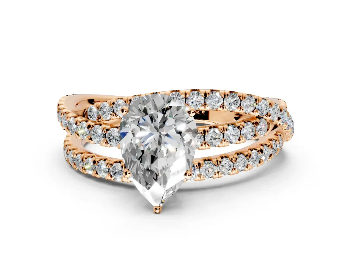 Solitaire Engagement Ring Setting for Pear-Shaped Center with Woven 3-Strand Pave Band and Prong Head in Rose Gold