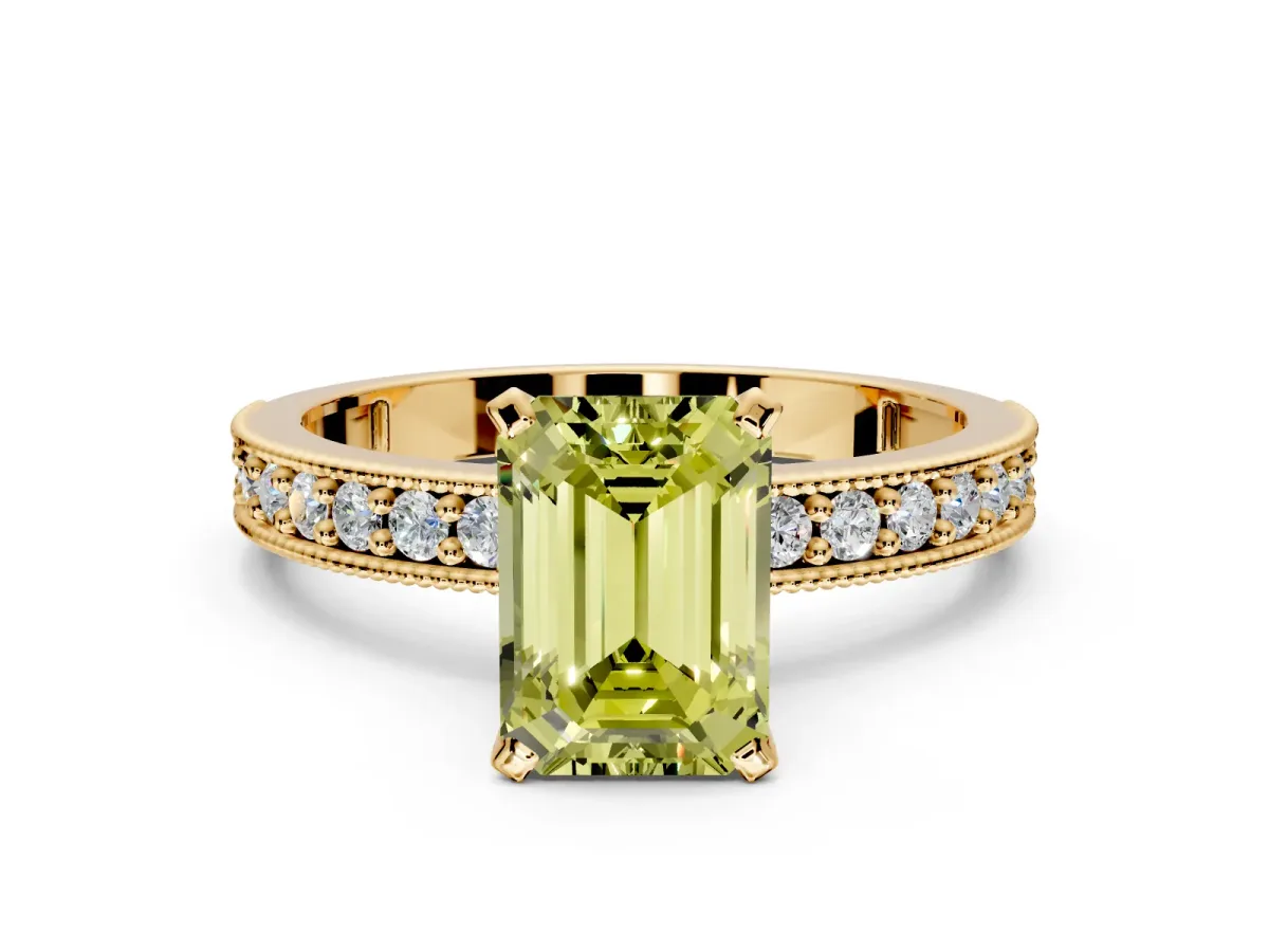 Milgrain Pave Engagement Ring Setting for Fancy Yellow Emerald Cut Center with Accent Band and Prong Head in Yellow Gold