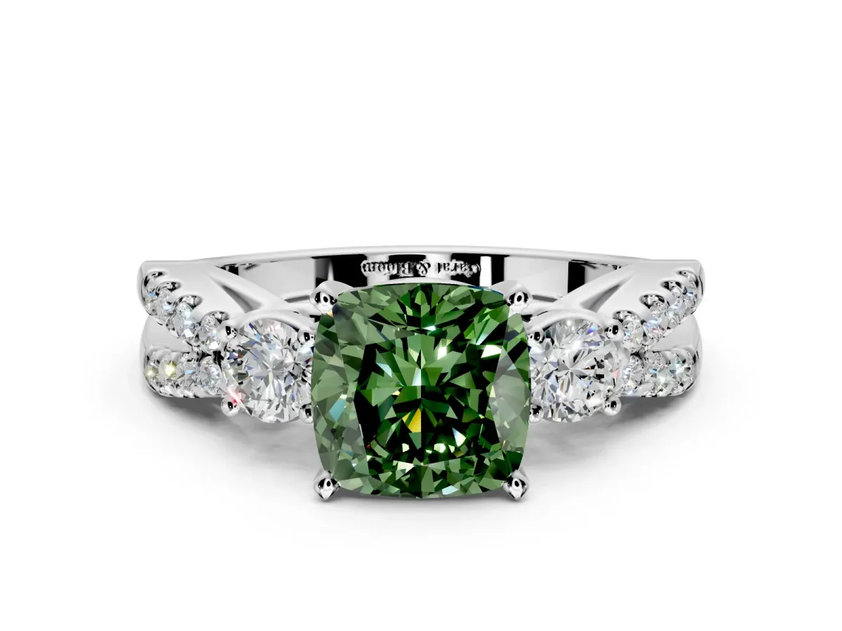 3 Stone Engagement Ring Setting for Fancy Green Cushion Cut Center with Pave Split Shank and Prong Head in Sterling Silver