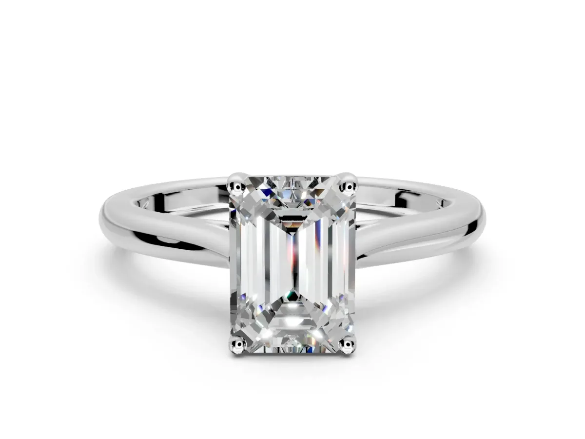 Solitaire Engagement Ring Setting for Emerald Cut Center with Narrow Cathedral Band and Prong Head in Platinum