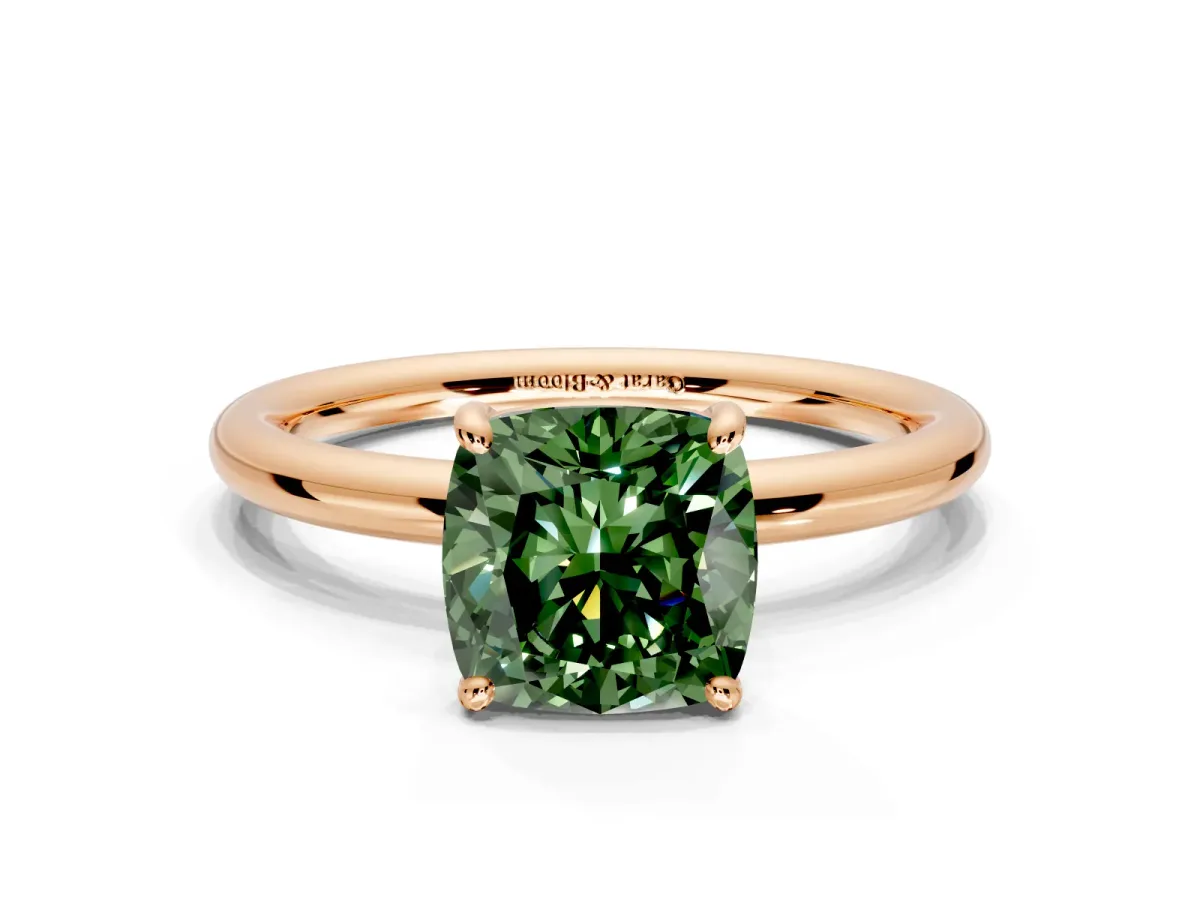 Low-Set Solitaire Engagement Ring Setting for Fancy Green Cushion Cut Center with Thin Plain Band and Prong Head in Rose Gold