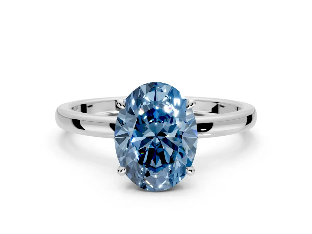 Hidden Halo Engagement Ring Setting for Fancy Blue Oval Center with Plain Band and Tall Prong Head in Sterling Silver