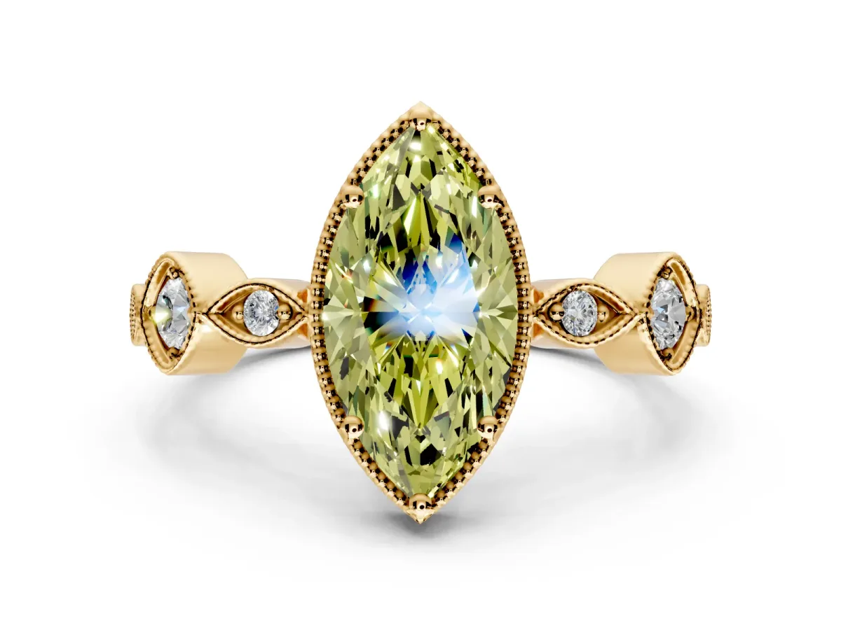 Vintage Station Engagement Ring Setting for Fancy Yellow Marquise Center with Accents and Prong Head in Yellow Gold