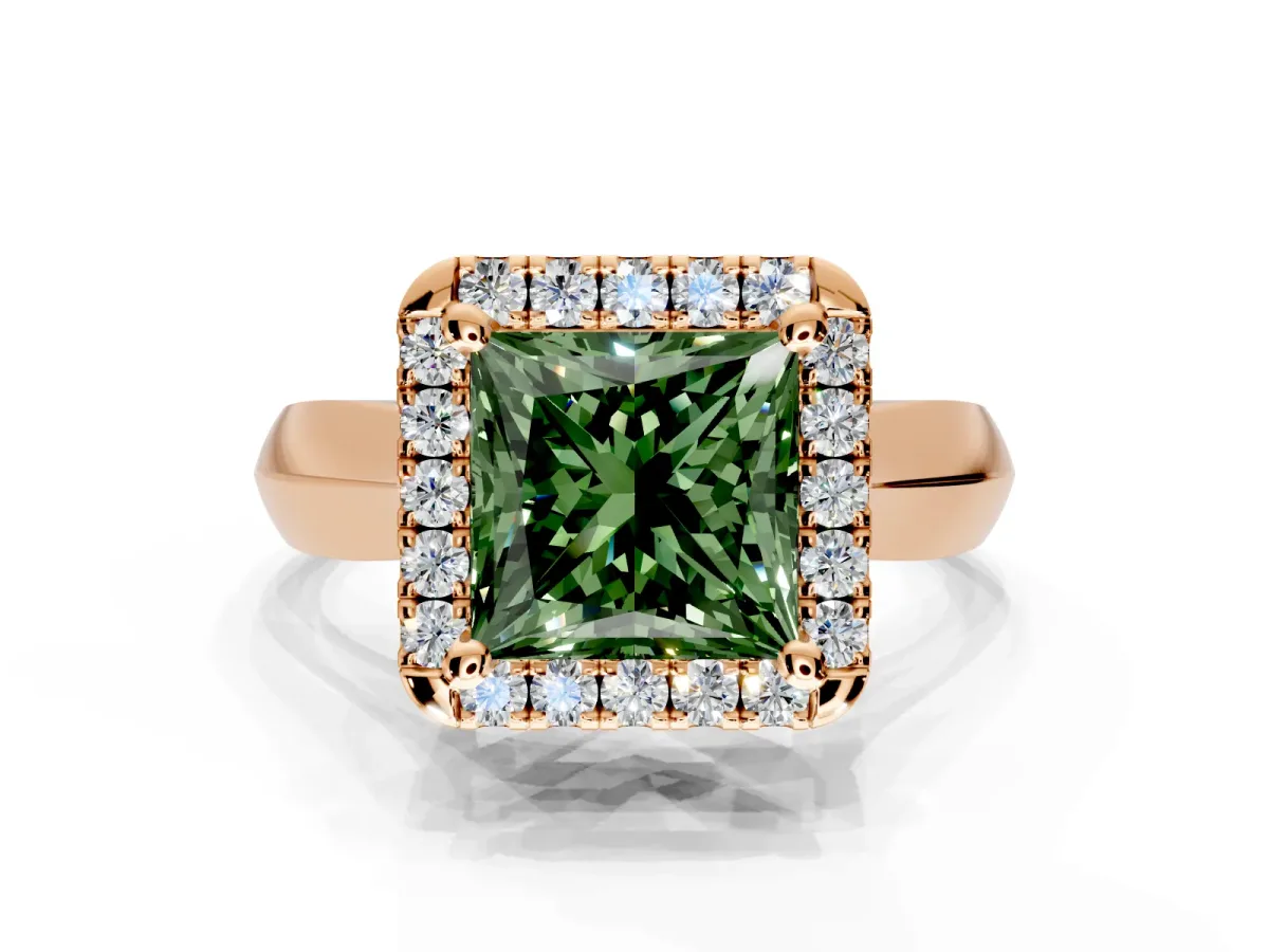 Halo Engagement Ring Setting for Fancy Green Princess Cut Center with Square Band and Prong Head in Rose Gold