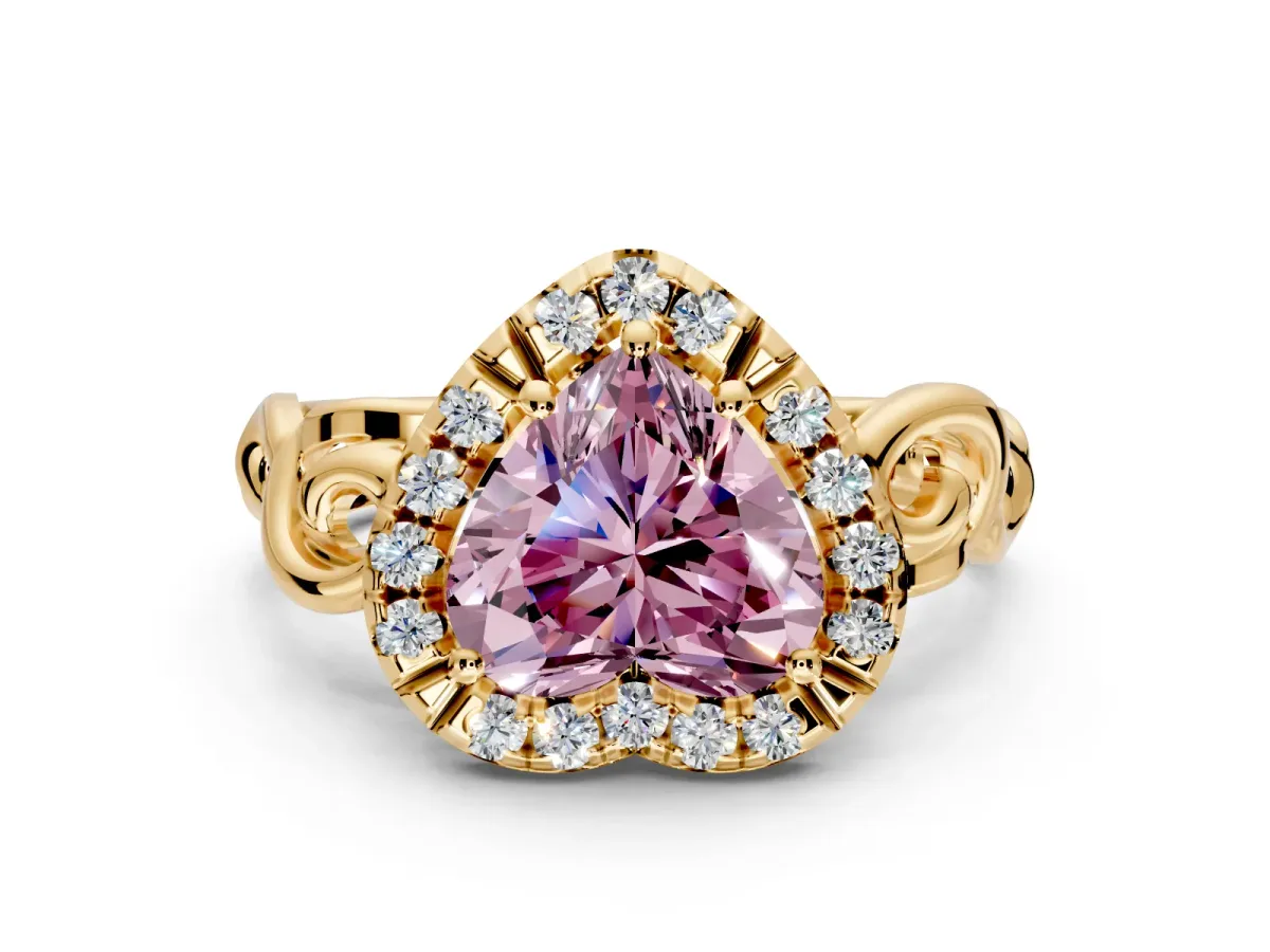 Halo Engagement Ring Setting for Fancy Pink Heart-Shaped Center with Open Scroll Shoulders and Prong Head in Yellow Gold